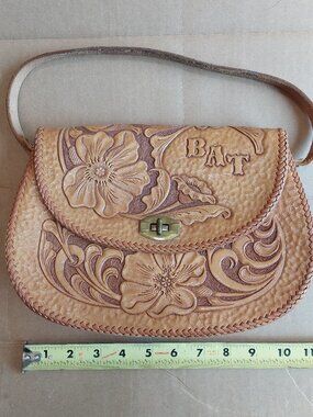 Vintage Tooled Leather Purse Hand Bag Tan Brown Western Rockabilly